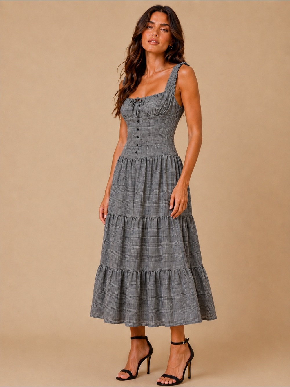 LIONESS Onyx Gingham Check Square Corset Neck Tiered Ballerina Corset Maxi Dress - Picture 8 of 8